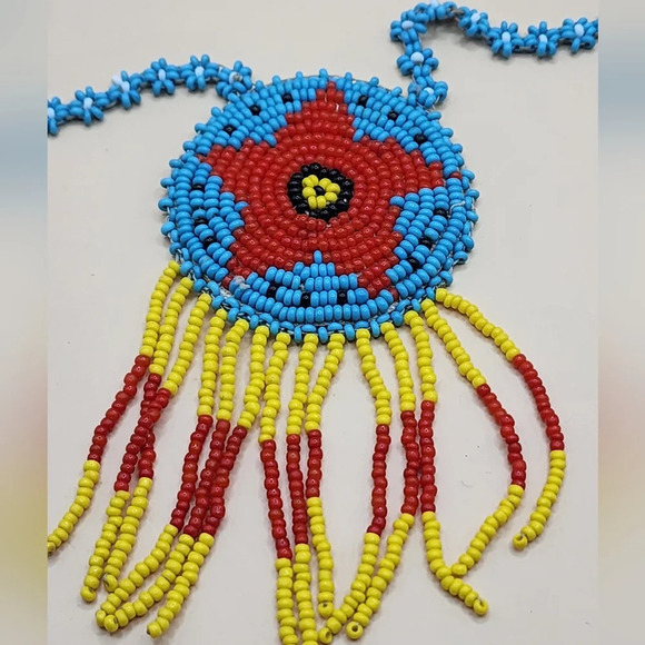 Native American Beaded Star Necklace Leather Back Handmade Blue Yellow Red - Picture 1 of 7